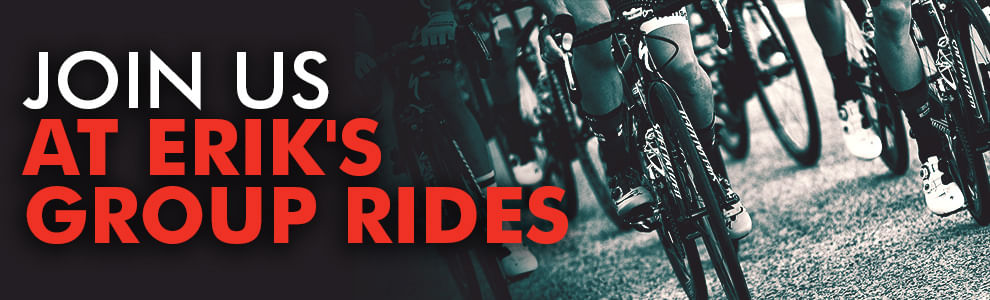 Join Us At ERIK'S Group Rides  laid over close-up of cyclists riding from waist down