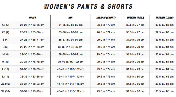 north face women's pants size chart